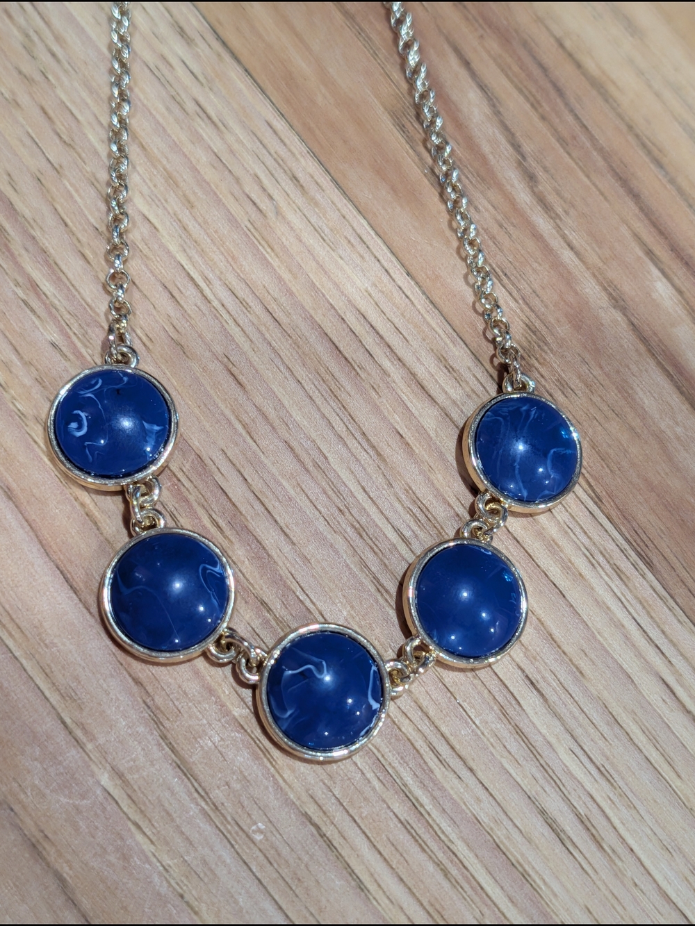 Goldtone Chain Necklace with Navy Blue Cabochon Discs